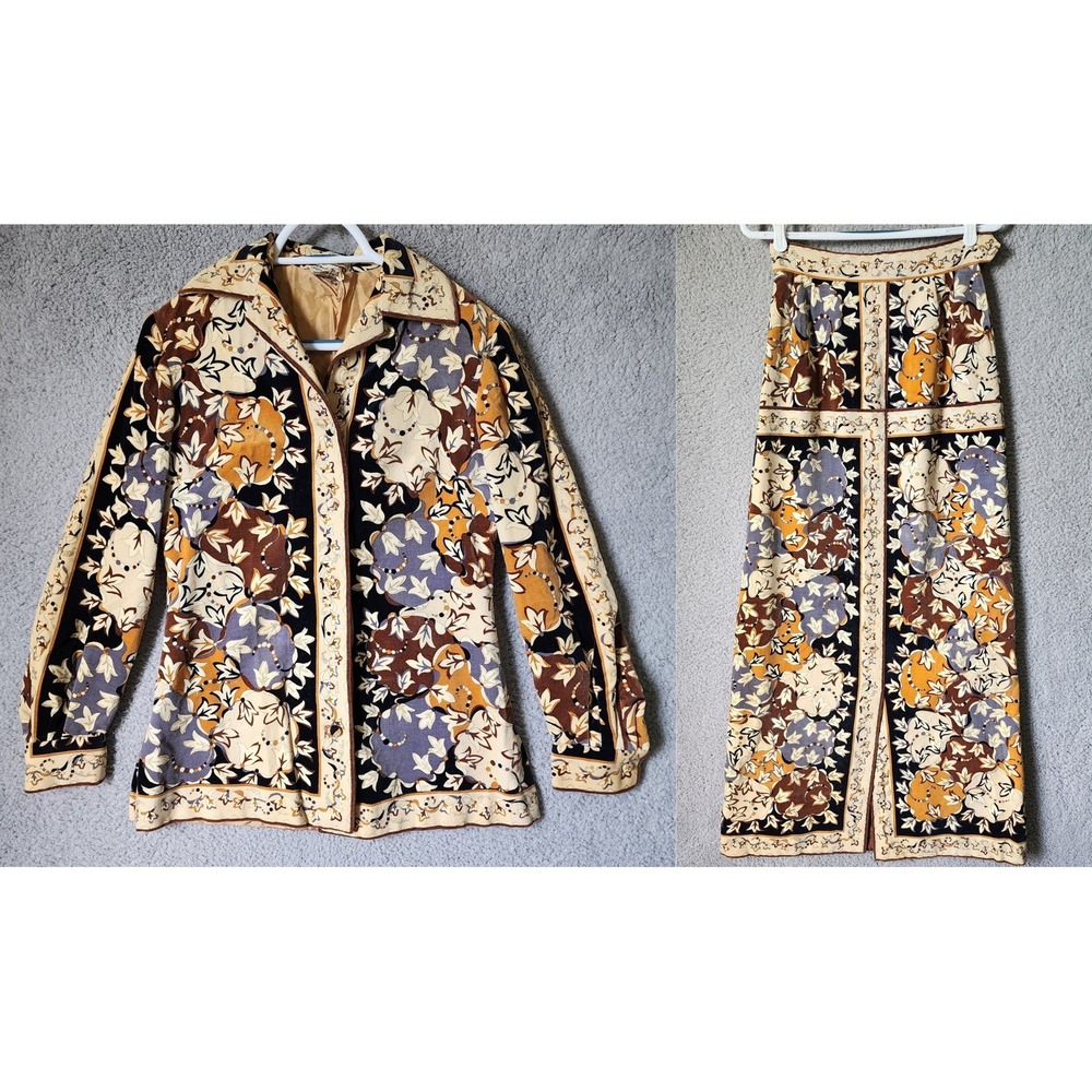 Vtg 70s Emilio Pucci Saks Skirt Set Women 12 Floral Velvet Jacket Maxi Skirt